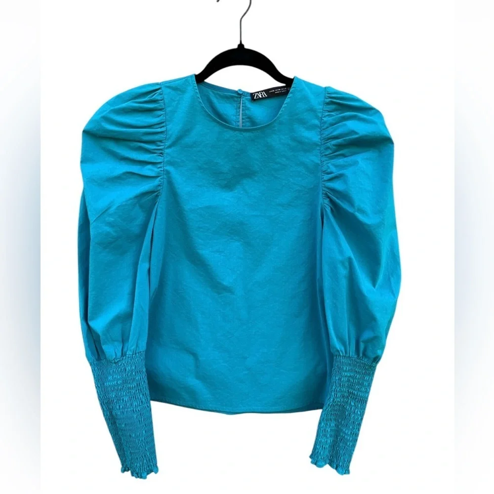 Zara Puff Sleeve Blouse Turquoise Size XS - Picture 2 of 6